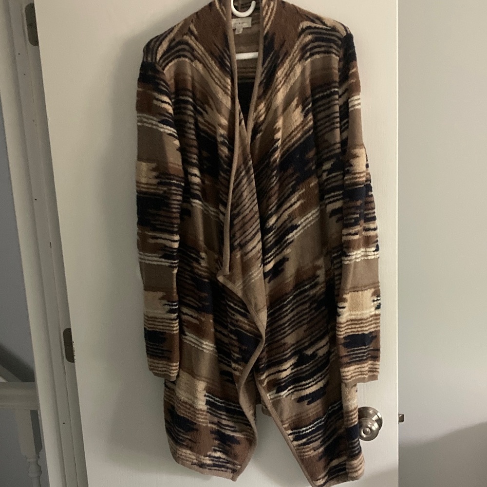 Lucky Brand women’s open front drape cardigan Aztec large navy tan